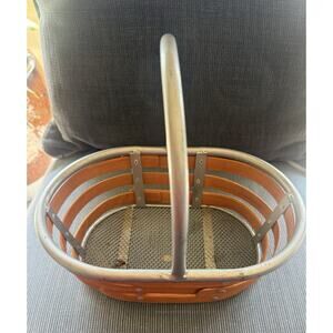 Oval Wood & Metal Basket with Handle, Mesh Bottom, 10"H x 12"L, Brown Silver